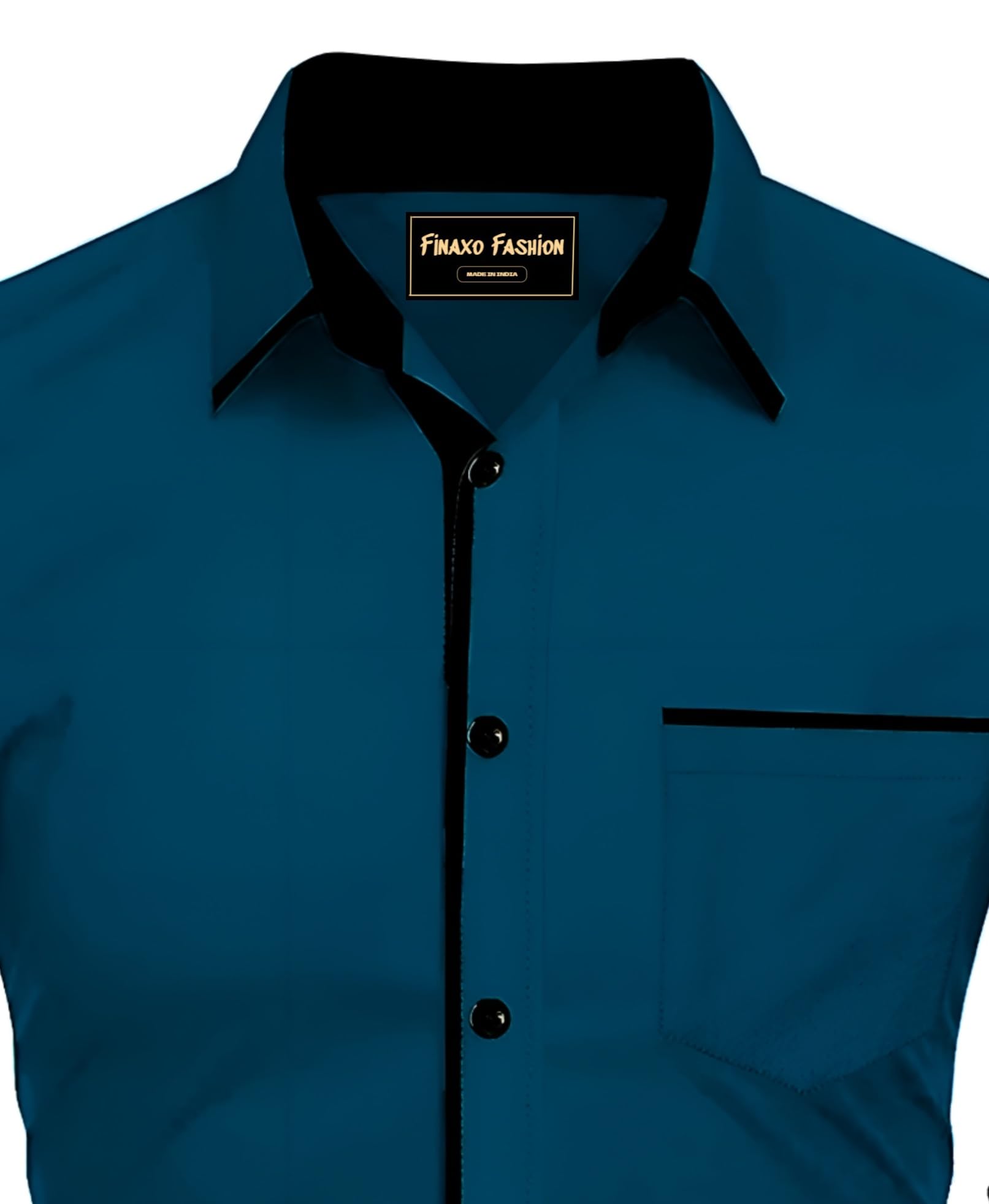 FINAXO FASHION Men Poly Cotton Teal Blue Solid Long Sleeve Spread Collor Reguler Fit Casual Stylist Smart Shirt with Single Designer Pocket | Stylish Slim Collar (1016-XXL) 1