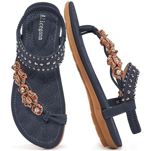Image of Alicegana Womens Sandals Dressy Flats: Bohemian Summer Comfortable Split Toe Shoes Walking Vacation Gladiator 2026