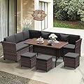YOCONYO Patio Furniture Set, 7 Pieces Outdoor Dining Sets, All Weather Rattan Conversation Set Outdoor Dining Sectional Sofa with Dining Table, Ottoman (Brown-Drak Grey, B-7 Pieces)