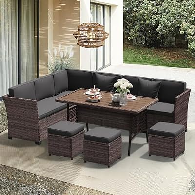 YOCONYO Patio Furniture Set, 7 Pieces Outdoor Dining Sets, All Weather Rattan Conversation Set Outdoor Dining Sectional Sofa with Dining Table, Ottoman (Brown-Drak Grey, B-7 Pieces)