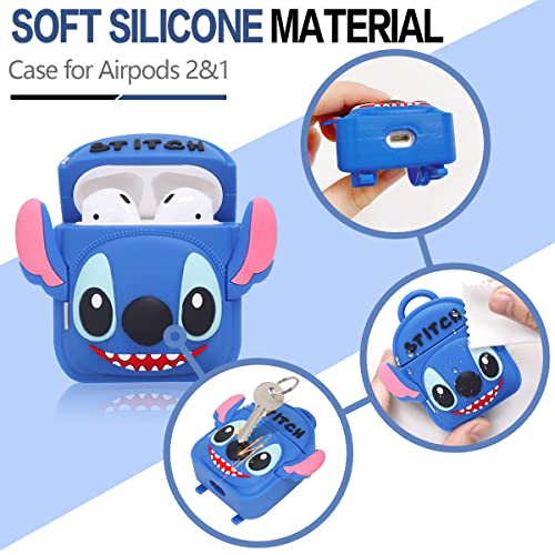 Suihuoji Cute Stitch Backpack Airpods Case,6 In 1 Silicone Airpods 2/1 Charging Case Accessories Cover,3D Fashion Funny Cartoon Shoulder Bag Protective Design Skin For Apple Earphone 2&1 With Keychain #TOP1
