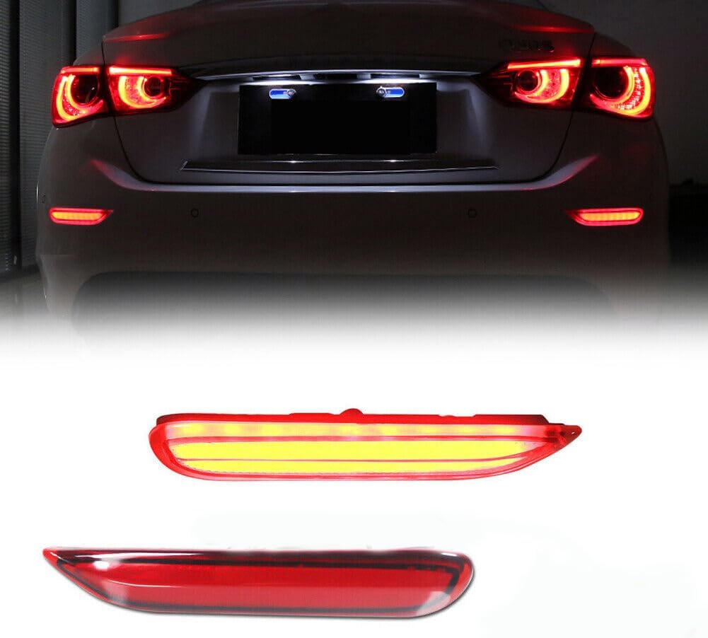 GTINTHEBOX 3D Optic Red LED Rear Bumper Reflector Brake Tail Lights w/Sequential Turn Signal Lamps, Strobe Brake Lighting Kit For Infiniti Q50 QX56 QX60 Nissan Pathfinder Rogue