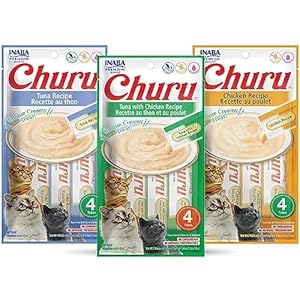 INABA Churu Lickable Purée Natural Cat Treats Tuna & Chicken 3 Flavor Assortment of 12 Tubes