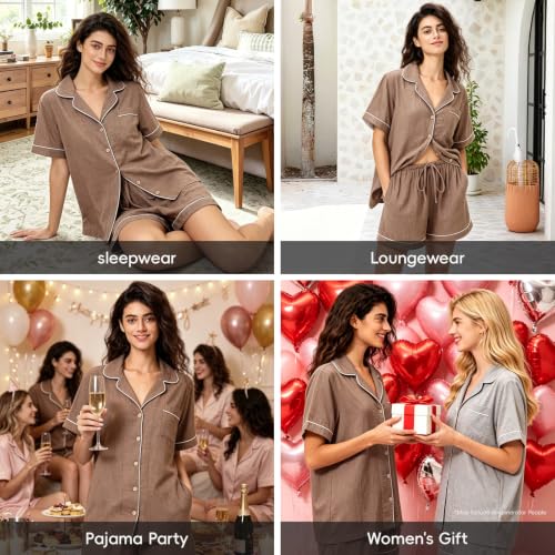 Image of BESTOUCH Womens Pajama Sets: 100% Cotton Muslin Linen Feel | Button Soft Comfy Breathable Classic Sleep Pjs 2 Piece