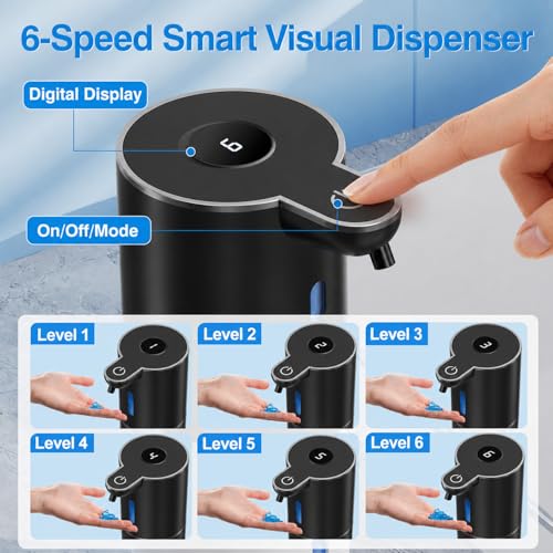 Image of Fachixy Automatic Liquid Soap Dispenser Touchless, Smart Digital Display | 12.8oz /380mL, Up to 90 Days Battery Life, 6 Adjustable Level, Rechargeable, Wall Mountable IPX5 for Kitchen & Bathroom, Black