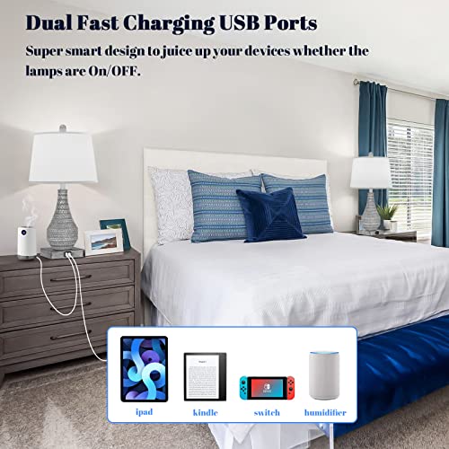 Set Of 2 Table Lamps For Bedrooms With 2 Usb Ports, 23In Farmhouse Rustic Living Room Table Lamps For End Table, Bedside Lamps For Nightstand Reading Desk, Gray Body&White Shade, Rotary Switch No Bulb #TOP1