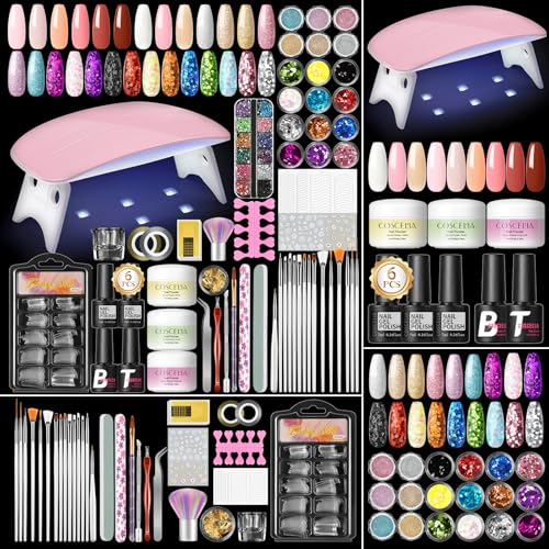 COSCELIA Kit Acrylique Ongles,3 Couleurs Nude Blanc Rose Poudre Acrylique pour Ongles 6 Couleurs Kit Faux Ongles Gel U V Complet avec Kit Lampe Vernis Semi...