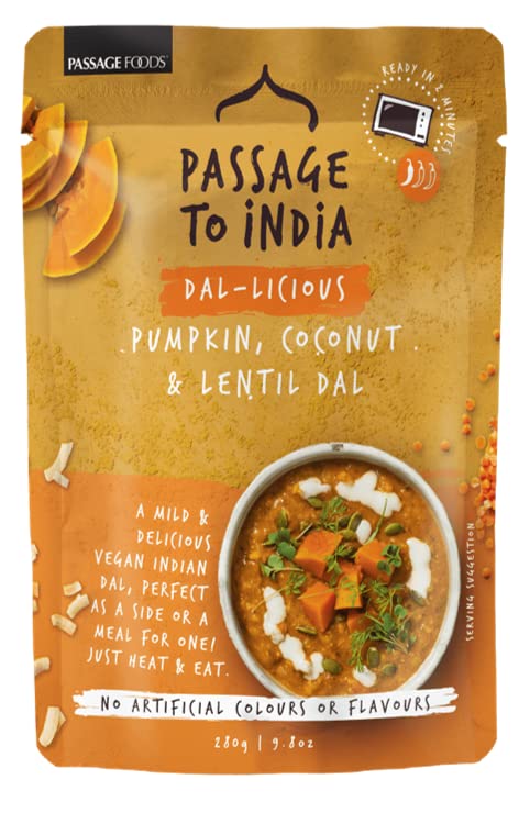 Passage Foods - Calabaza india, coco y lentejas Dal - Paquete de 6 comidas listas para comer de 9.9 onzas - Totalmente cocidas - Vegano - Sin OMG -