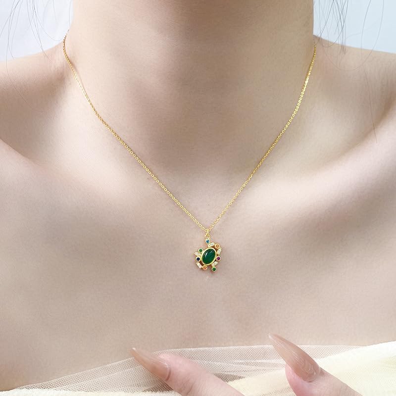 14K Gold Colorful Moissanite Flower Necklace, Natural Jade Agate Pendant, Stylish Jewelry for Women - Image 3