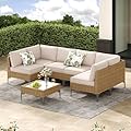 Jing's Villa 7-Piece Outdoor Patio Furniture Set,Rattan Conversation Sectional Sofa w/Coffee Table, All-Weather Patio Conversation Set with Thick and Anti-Slip Cushions for Backyard,Deck,Beige