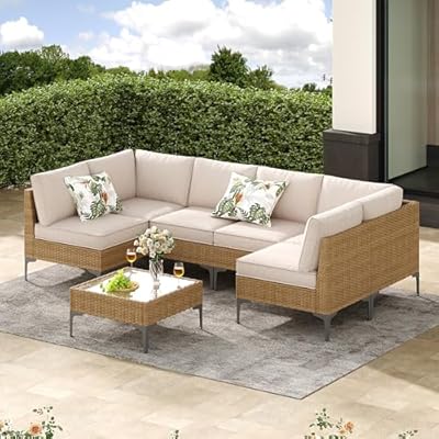 Jing's Villa 7-Piece Outdoor Patio Furniture Set,Rattan Conversation Sectional Sofa w/Coffee Table, All-Weather Patio Conversation Set with Thick and Anti-Slip Cushions for Backyard,Deck,Beige