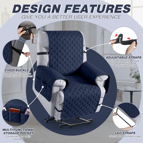 Image of TAOCOCO 100% Waterproof Recliner Covers, Recliner Sofa Covers with Leg Straps, Reversible Recliner Couch Cover for Reclining Chair, Washable Couch Protector for Pets Kids(1 Seater 28 inch, Dark Blue)