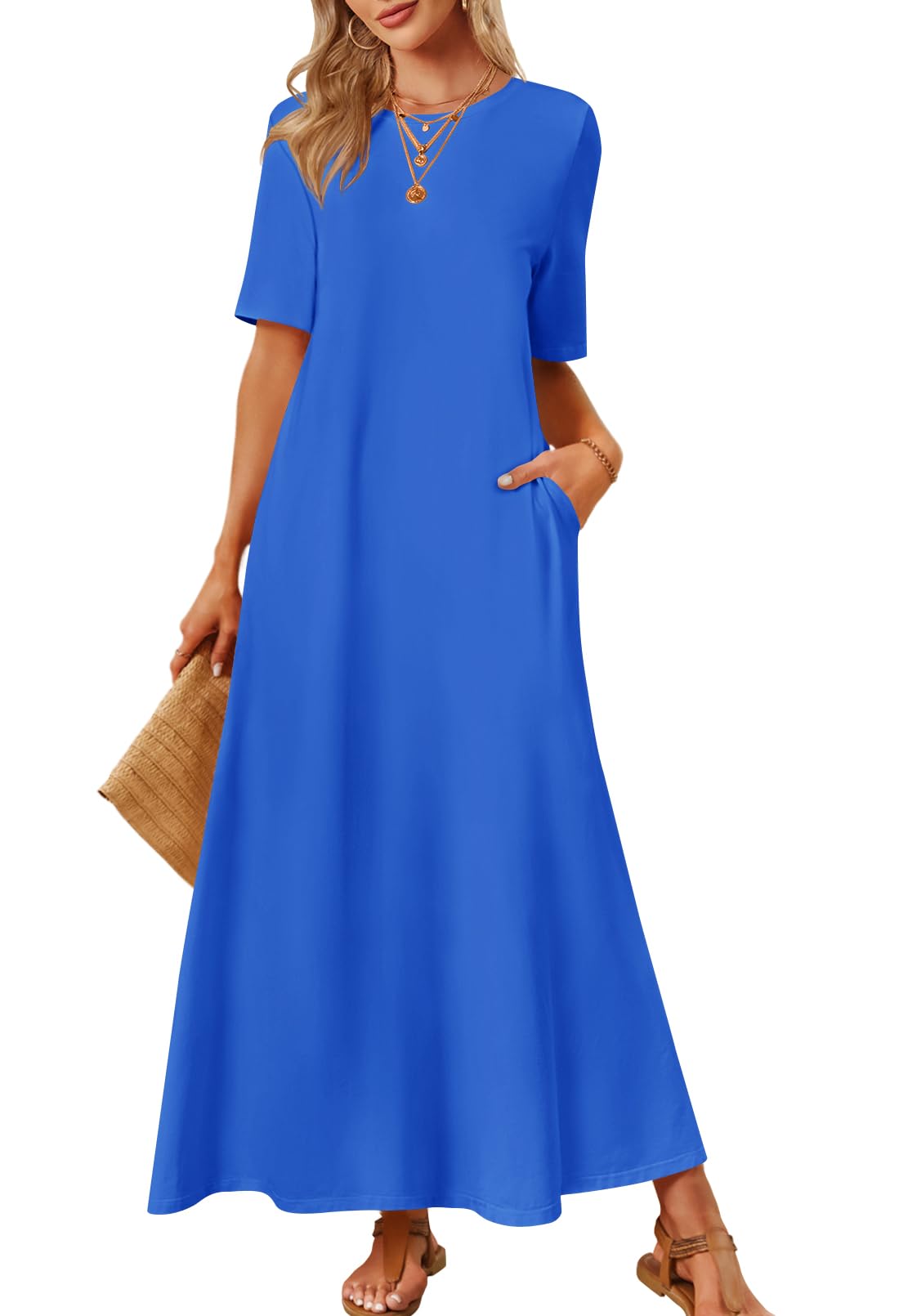 MEROKEETY Summer Spring Maxi Dresses for Women 2026 Beach Vacation Casual Short Sleeve Long T Shirt Sundress with Pockets