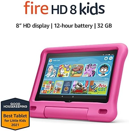 Fire HD 8 Kids tablet, 8″ HD display, ages 3-7, 32 GB, includes a 1-year subscription to amazon Kids+ content, Pink Kid-Proof Case