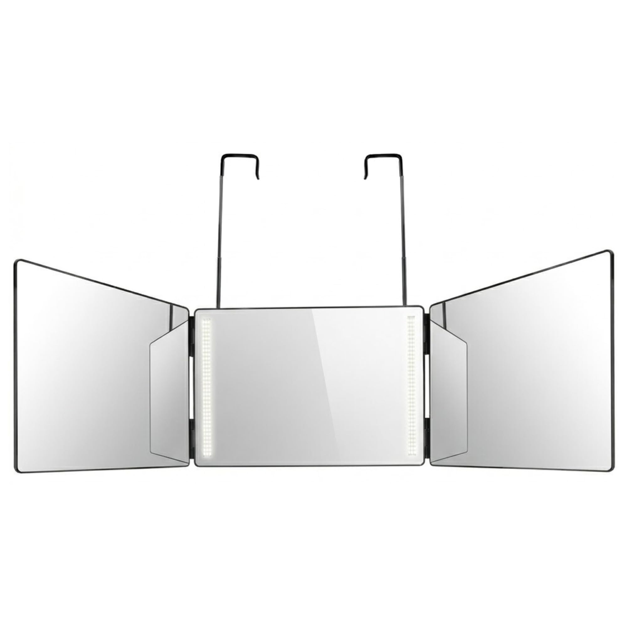 W-Direct 3 Way Foldable Hair Cutting Mirror (Black with LED) – Trifold 360° Barber Mirror with Lights, Adjustable Hanging Hooks, Portable Grooming for Self Haircut Shaving