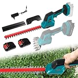 2-in-1 Akku-Heckenschere, elektrische Hand-Grasschere mit 2 x 2000-mAh-Akkus und Ladegerät, Heckenschneider für Gartenpflege, Rasentrimmen und Baumschnitt