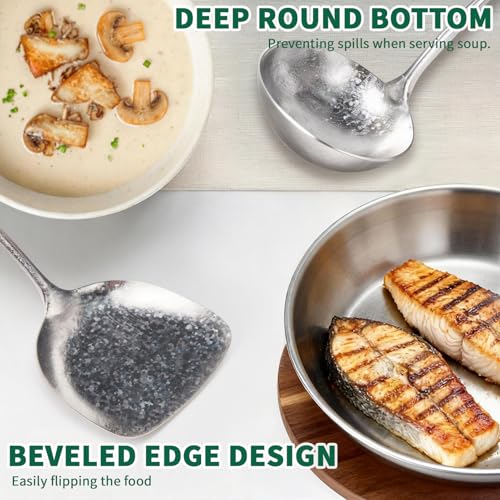 Image of Newness Soup Ladle and Solid Turner, Pure Titanium Soup Spoon and Turner | [Rustproof, Heat Resistance] Resilient, with Long Ergonomic Natural Wooden Round Handle, Non-Toxic Cooking Spoon for Kitchen