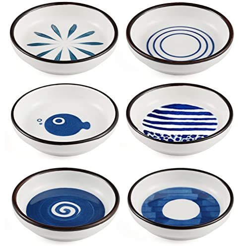 CAREDGO Lot De 6 Bols à Tremper En Céramique Bleu Et Blanc - Bols à Sauce 10,3 Cm