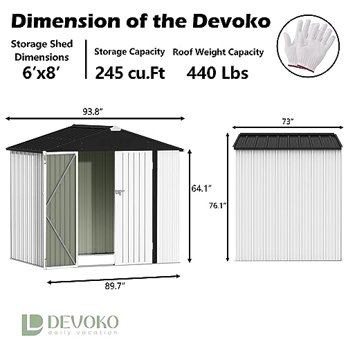 Image of Devoko Outdoor Storage Shed 8 x 6 FT Lockable Metal Garden Shed Steel Anti-Corrosion Storage House with Single Lockable Door for Backyard Outdoor Patio (White)