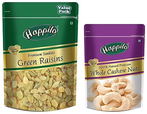 Image of Happilo 100% Natural Premium Whole Cashews, 200G + Premium Seedless Green Raisins Value Pack Pouch, 500 G