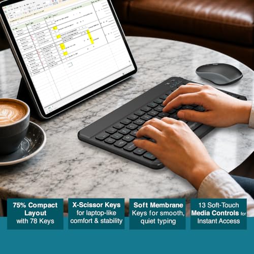 Image of FINGERS MiniClicks Duo D7 - Wireless Bluetooth Keyboard Mouse Combo (Rechargeable & BT | 75% Compact - 78 Keys | X-Scissor Keys | 18-Day Backup | Windows, macOS, Linux, ChromeOS) (Rick Black) | 75% compact 78-key layout saves desk space while keeping essential keys for smooth everyday work and travel use