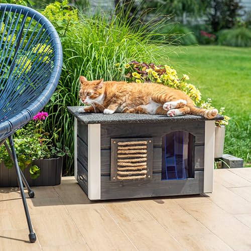 Outentin Katzenhaus Outdoor Winterfest - Katzenhäuschen für Draußen - Isolierte Schutzhütte - Wasserdicht und Wetterfest - Katzenhütte für Draußen - 61 X 39 X 36 cm (Grau)