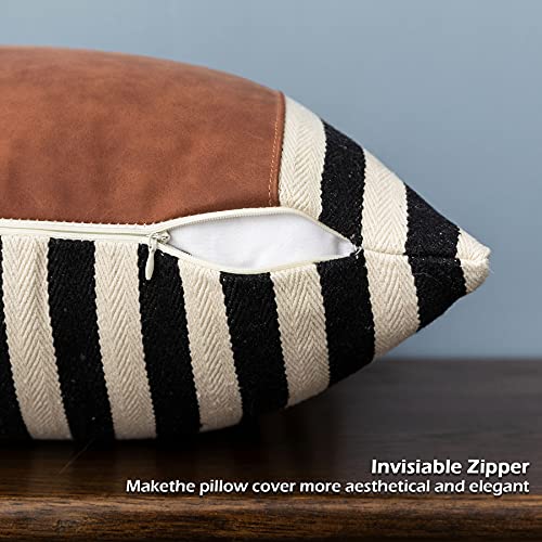 Ligicky Farmhouse Decorative Boho Throw Pillow Covers, Brown Faux Leather Patchwork Black And White Stripe Square Cushion Cover Modern Decor Pillowcases For Couch Sofa Bed Living Room, 18 X 18 Inch #TOP6