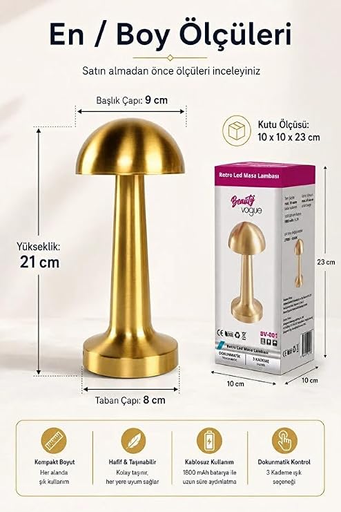 Mantar Lamba, 3 kademeli Işık, USB şarjlı, Şarjlı Dokunmatik LED Lamba, Kablosuz Gece Lambası, Gold masa lambası, mantar model lamba, başucu lambası, dekoratif salon lambası, Otel-Restaurant-Lokanta [Enerji Sınıfı B]
