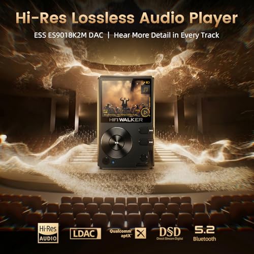 Image of HIFI WALKER H2, High Resolution MP3 Player with Bluetooth5.2, DSD DAC, HiFi Portable Digital Audio Player Lossless High-Res Music Player with 128GB Memory Card, Support Up to 512GB
