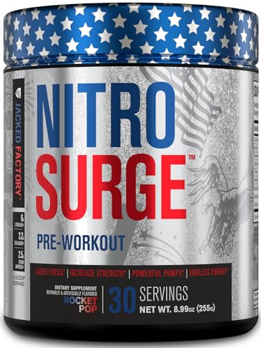 NITROSURGE Pre Workout Supplement - Endless Energy, Instant Strength Gains, Clear Focus, Intense Pumps - Nitric Oxide Booster & Preworkout Powder with Beta Alanine - 30 Servings, Rocket Pop