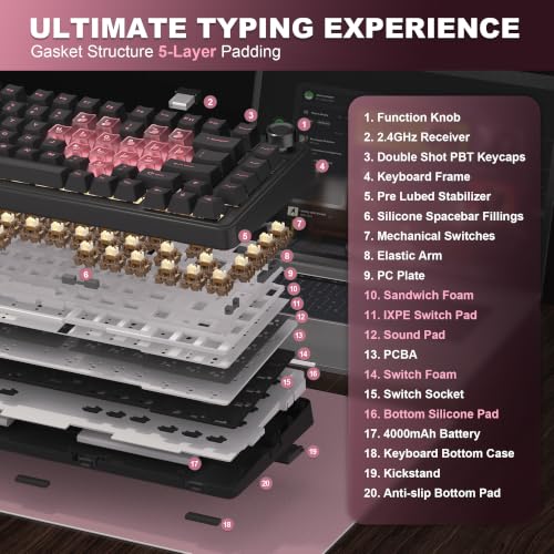 Image of YUNZII B75 PRO Wireless Mechanical Keyboard,75% Layout with Knob,Hot Swap Gasket Structure,Creamy Pre-lubed Switches,RGB Backlit,Bluetooth /Type-C /2.4G for Win /Mac (Black Heart, Cocoa Cream V2 Switch)