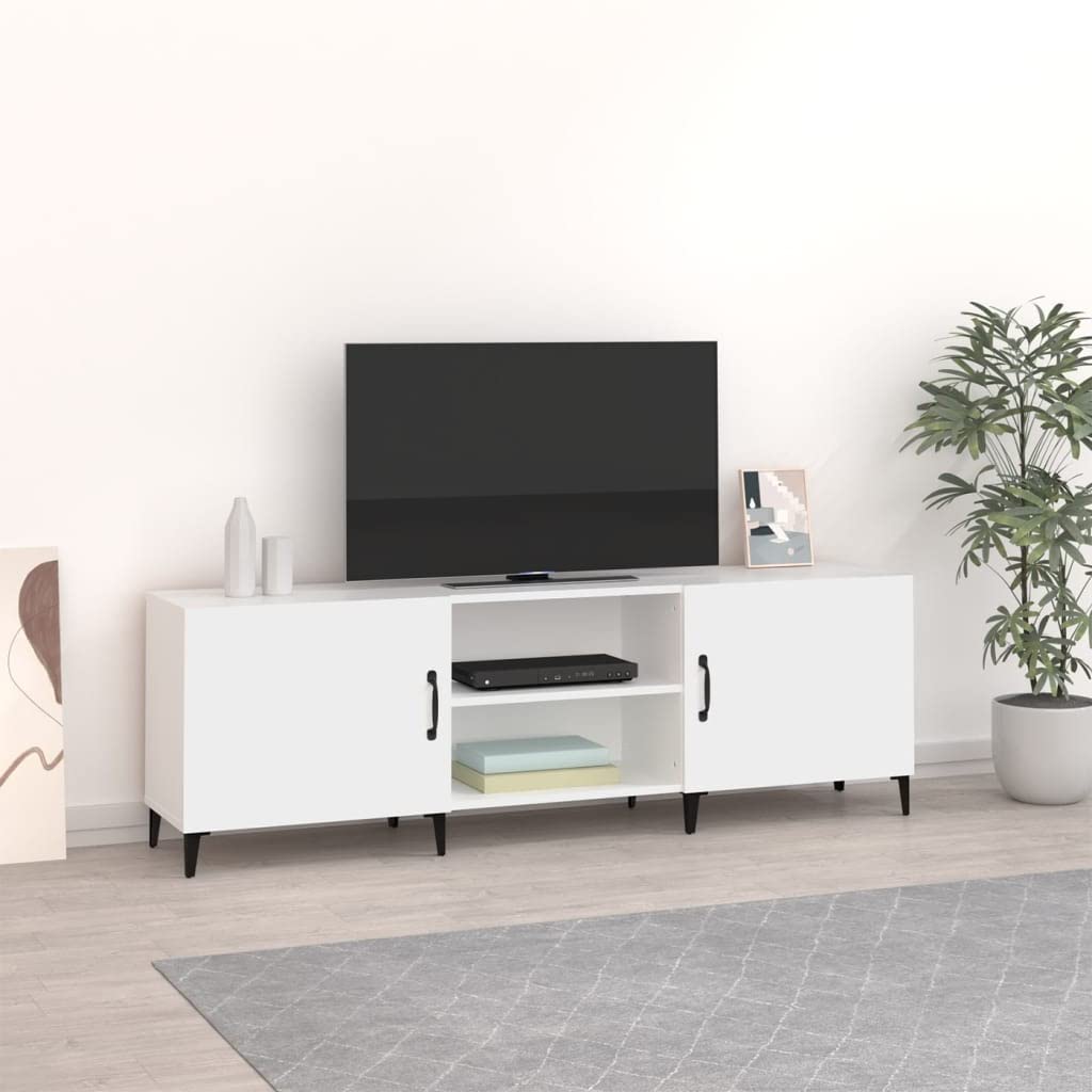 Szafka TV biała 150 x 30 x 50 cm, materiał drewnopochodny, konsola medialna do salonu, centrum rozrywki z miejscem do przechowywania, wytrzymała ławka TV