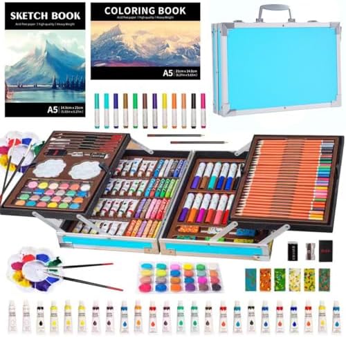 KINSPORY Maletin Pinturas para Niños, 139 piezas Juegos de Dibujo, Acuarelas Lapices con caja de madera (Azul)