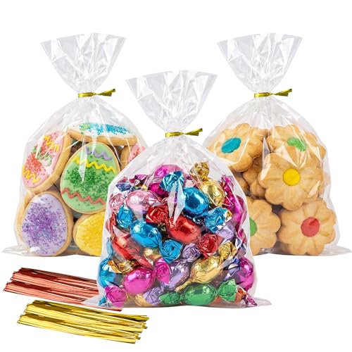 Cello Cellophane Treat Bags 5x7 Inches Clear Cellophane Bags 200 Pcs OPP Plastic Treat Bags with 200 Twist Ties for Gift Wrapping Packaging Candies Dessert Bakery Cookies Chocolate Party Favor