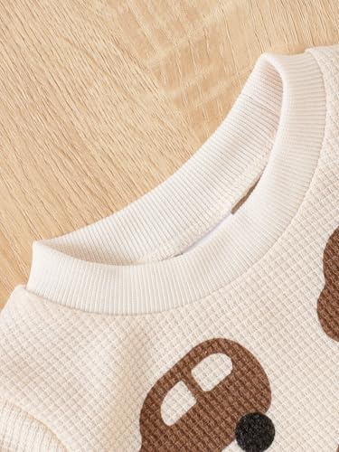 Baby Boy's Knitted Waffle Set Almond Car Print Top with Brown Ribbed Pants 2 Piece Autumn Toddler Set3