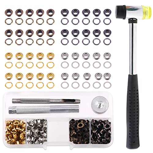 Rustark 240 Sets 5/32" 4mm Thickened Grommet Eyelets Assortment Kit with 4Pcs Setting Install Tool, Gold Silver Black Bronze Metal Eyelet Curtain Grommet for Leather, Canvas, Tarp, DIY Craft Projects
