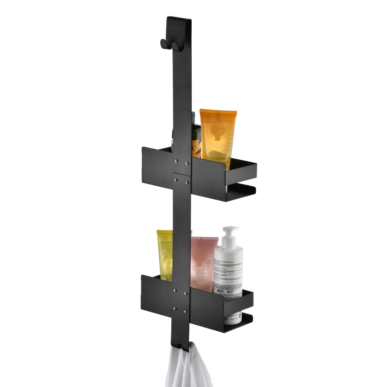 NEWRAIN Shower Caddy, 2-Tier Hanging Bathroom Rack with Stainless Steel Over Door Shelves & Squeegees Hooks, Black - Image 3