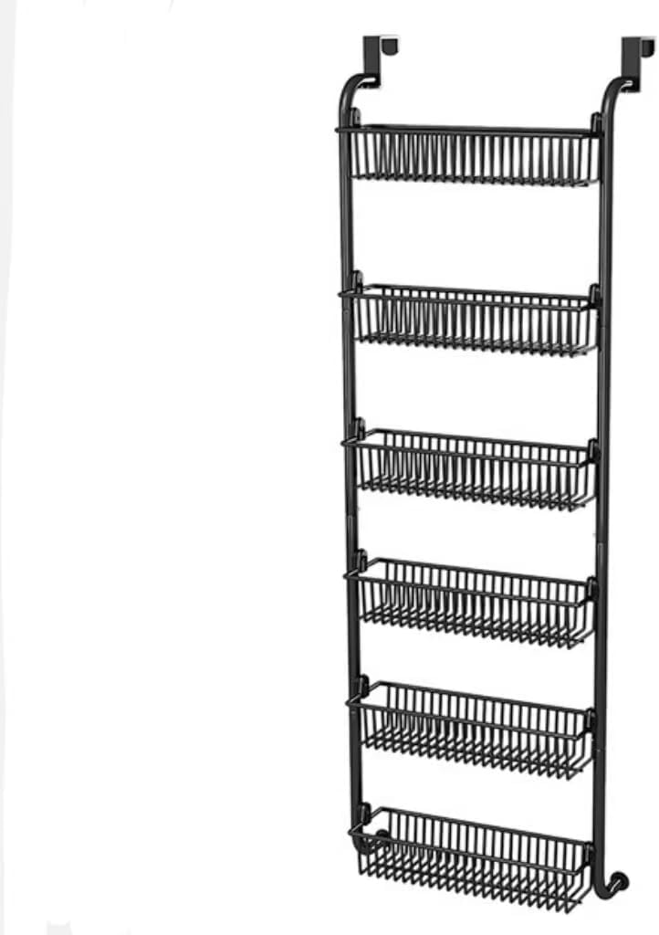 Apsan 6-Tier Over The Door Pantry Organizer, Heavy-Duty Metal with 6 Baskets, Hanging Storage and Organization for Kitchen (6x4.72 Width Baskets, Black)