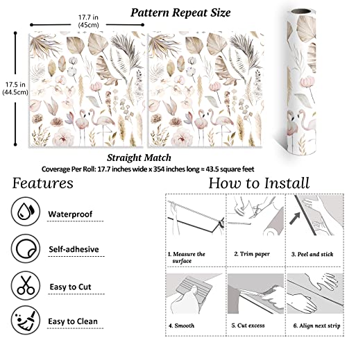 Veelike Soft Flamingo Floral Peel And Stick Wallpaper Boho Dried Tropical Leaf Floral Wallpaper Mural 17.7''X354'' Pink Botanical Wallpaper Prepasted Pink Contact Paper For Bedroom Livingroom Nursery #TOP7
