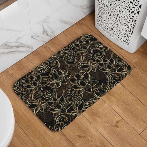 玄関マット 和風 和柄 花柄 蓮 金色 ブラック ドアマット 室内 屋外 バスマット おしゃれ 泥落とし 洗える 滑り止め 足拭きマット 浴室 台所 寝室 業務用 四季通用 60cm×40cm