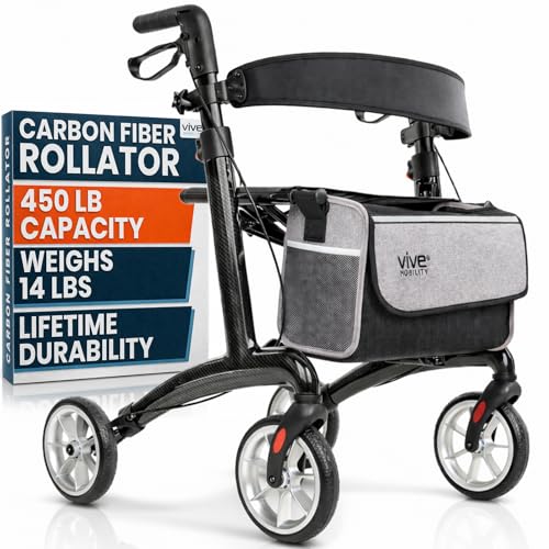 Vive Lightweight Bariatric Rollator with Seat – Carbon Fiber Walker for Seniors (Supports 450 lbs) – Folding Mobility Aid with Brakes, Armrest & Storage Bag – Height Adjustable, Compact, Durable