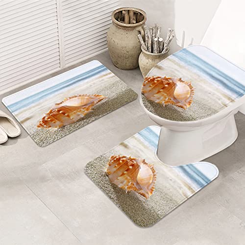 URSOPET Badezimmer Set, rutschfeste Badematte und WC-Vorleger-Set, Blaue Muschelschale auf dem Sandy Beach Sand… – Bild 4