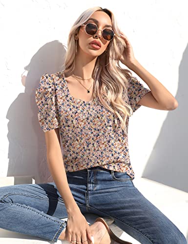 Summer Tops For Women Short Puff Sleeve Scoop Blouse Cotton Trendy Short Sleeve Tops Casual Summer Outfits 2023 Pink Floral Xl #TOP1