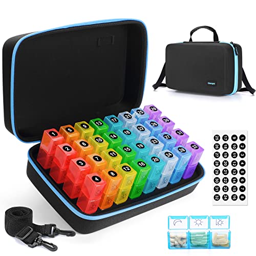 Glamgen Monthly Pill Organizer 3 Times a Day, 30 Day Pill Box with Portable Large Hardshell Travel Case,One Month Pill Case with 32 Daily Compartments to Hold Vitamins,Supplements and Medication