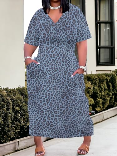 Image of SUZONANA Plus Size Denim Print Maxi Dresses for Women Casual V Neck Short Sleeve with Pockets Soft Jean Look Dress XL-6XL