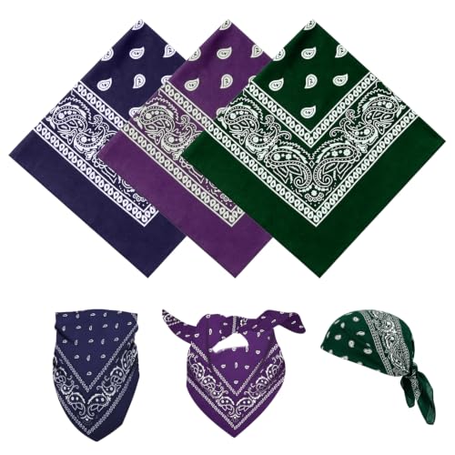 YAWYO 3 Piezas Bandanas de Algodón, Pañuelos Cabeza con Estampado Paisley para Hombre y Mujer, Accesorio Estilo Cowboy para el Cabello, Verde Oscuro, Púrpura Intenso, Azul Marino