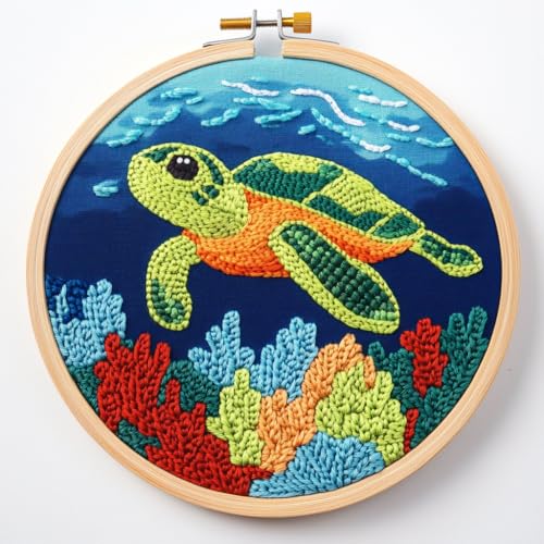 DIY Punch Needle Kits Green Sea Turtle with Hoop 20x20cm-5 by Generic - Used condition - US$14.69