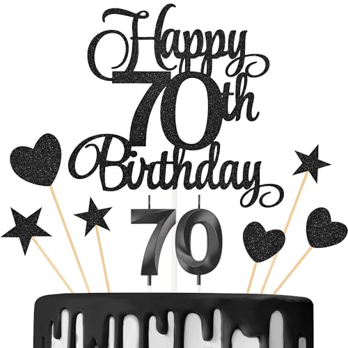 Lecferrarc 70th Birthday Cake Decorations, 70th Birthday Candles Cake Numeral Candles and Glitter Happy 70th Birthday Cake Toppers Set for Birthday Party Supplies (Black)