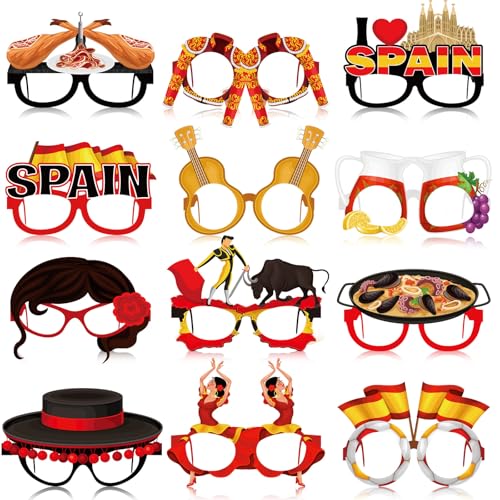 Saysurey 36 Pcs Spain Party Decorations Spanish Theme Eyeglasses Spain Paper Glasses Frame Photo Booth Props Spanish Party Favors for Fiesta Espaa Birthday Baby Shower Supplies