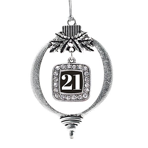 Inspired Silver - Sport Number 21 - Silver Christmas Ornament - Square Charm Christmas Tree Ornament with Cubic Zirconia - Holiday Hanging Decoration